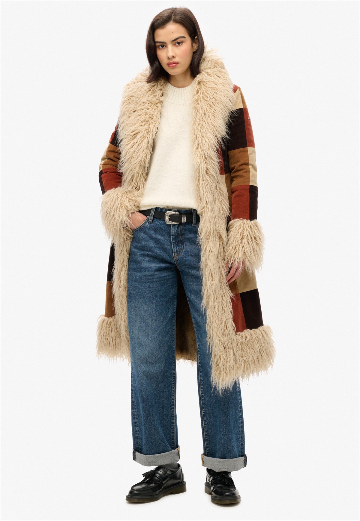 Superdry & Co PATCHWORK LONG AFGHAN - Wintermantel - brown patchwork cord/braun