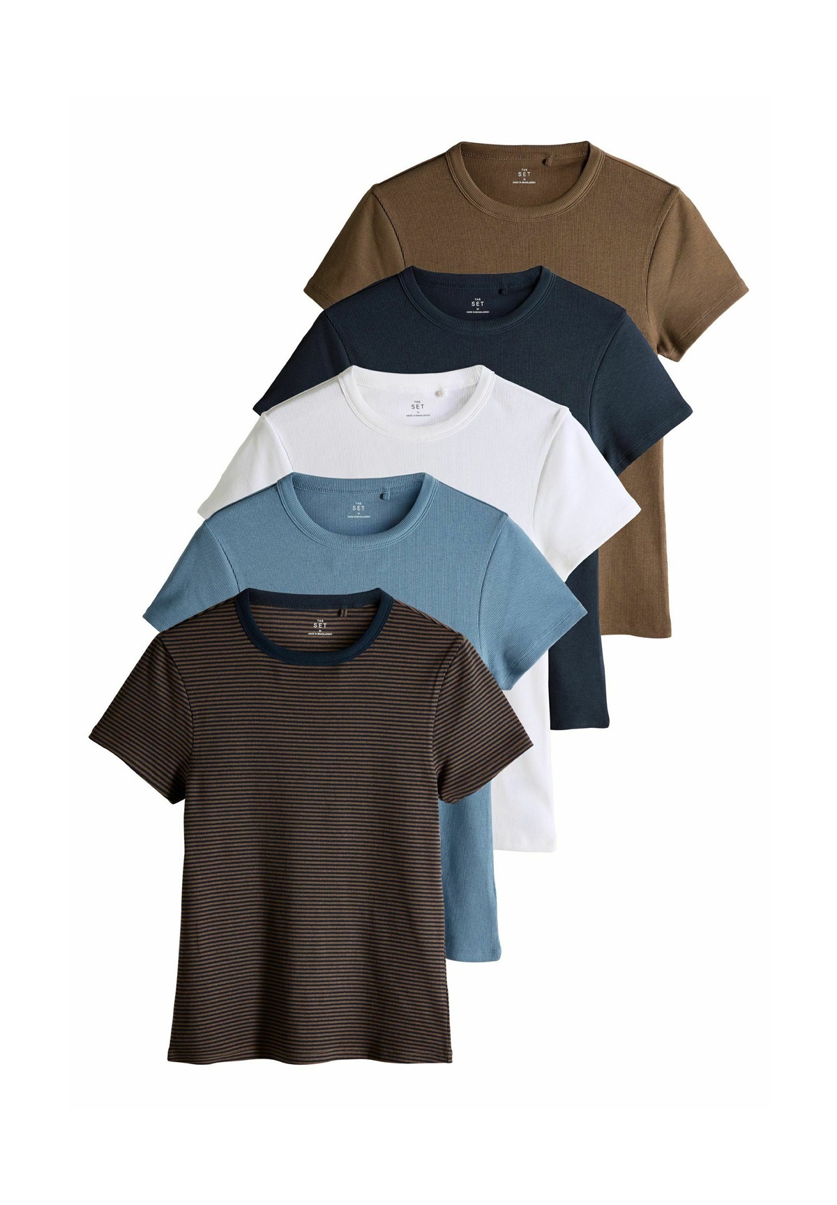 THE SET REGULAR FIT-5 PACK SHORT SLEEVE - T-Shirt print - cream/navy/light blue/brown stripe/blau