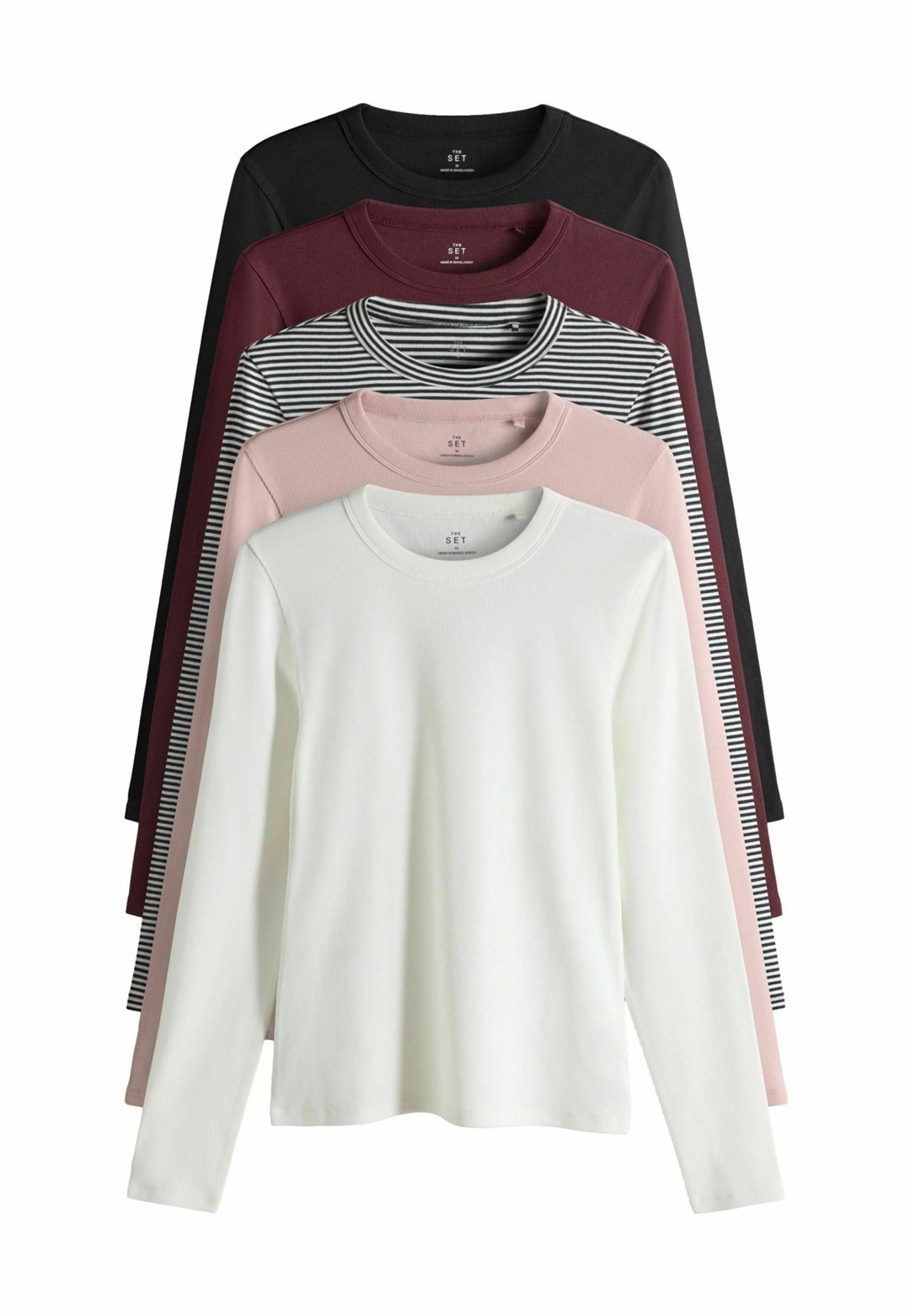 THE SET REGULAR FIT - 5 PACK LONG SLEEVE - Langarmshirt - black berry pink stripe cream/schwarz