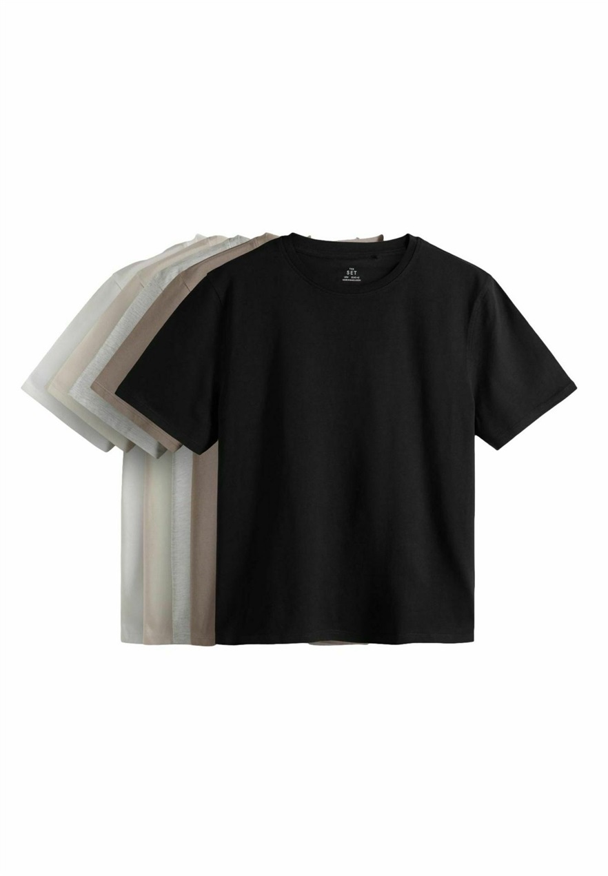 THE SET RELAXED SHORT SLEEVE 5 PACK - T-Shirt basic - black taupe brown stone grey marl cream/schwarz