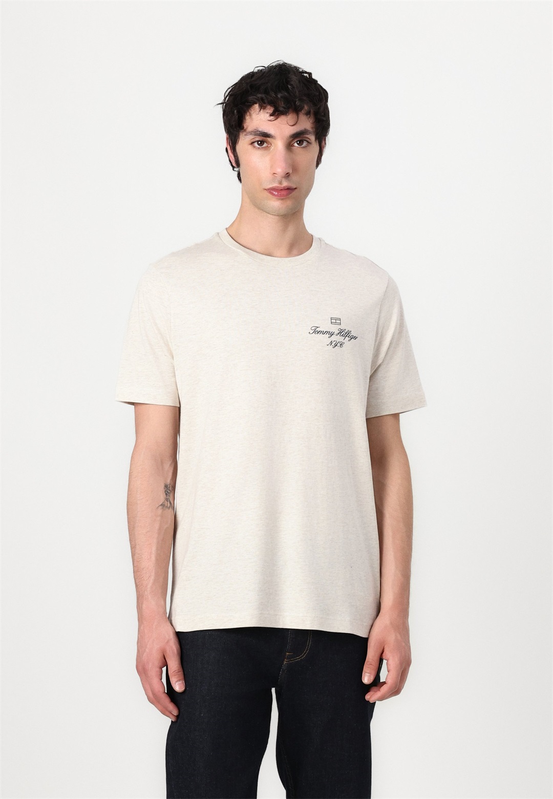 Tommy Hilfiger OUTLINE FLAG SCRIPT TEE UNISEX - T-Shirt print - heathered oatmilk/offwhite