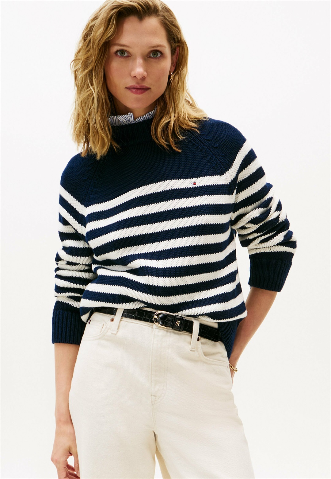 Tommy Hilfiger STRIPE MOCK NECK - Strickpullover - blue white eng stripe sweaters/dunkelblau