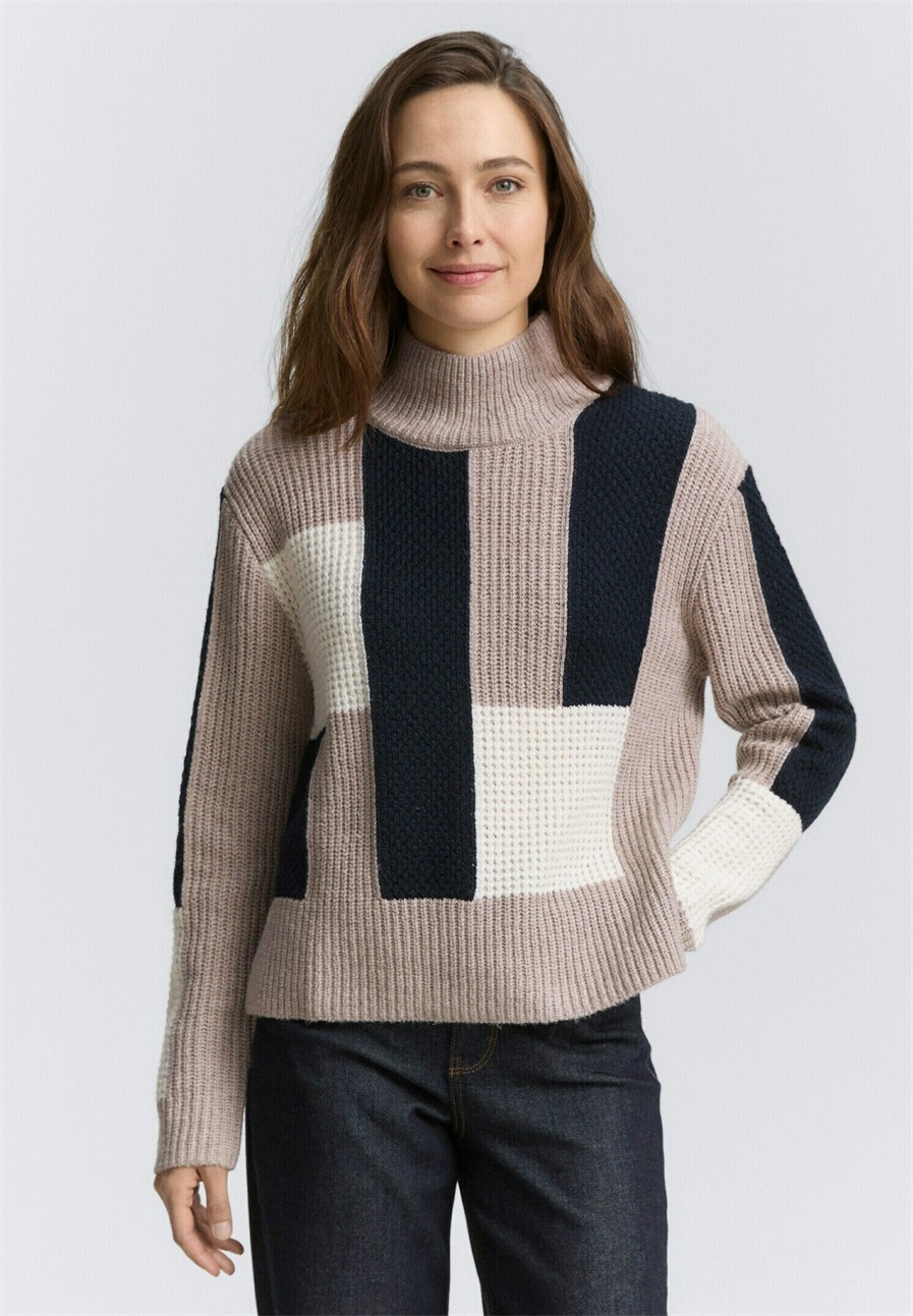 TOM TAILOR LOOSE FIT MIT COLOUR BLOCKING - Strickpullover - taupe structured colorblock/taupe