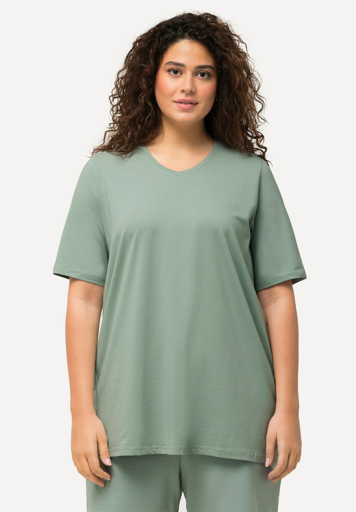 Ulla Popken V-AUSSCHNITT HALBARM - T-Shirt basic - light moss green/türkis-meliert