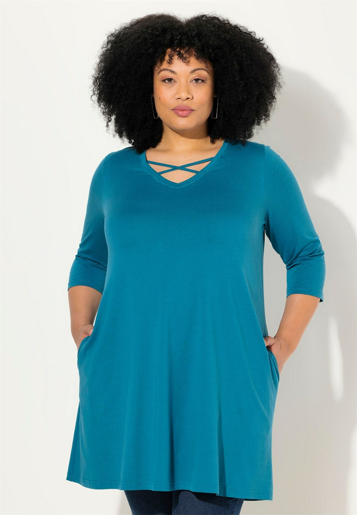 Ulla Popken ZIERBÄNDER V-AUSSCHNITT, 3/4-ARM - Langarmshirt - ocean blue/hellblau