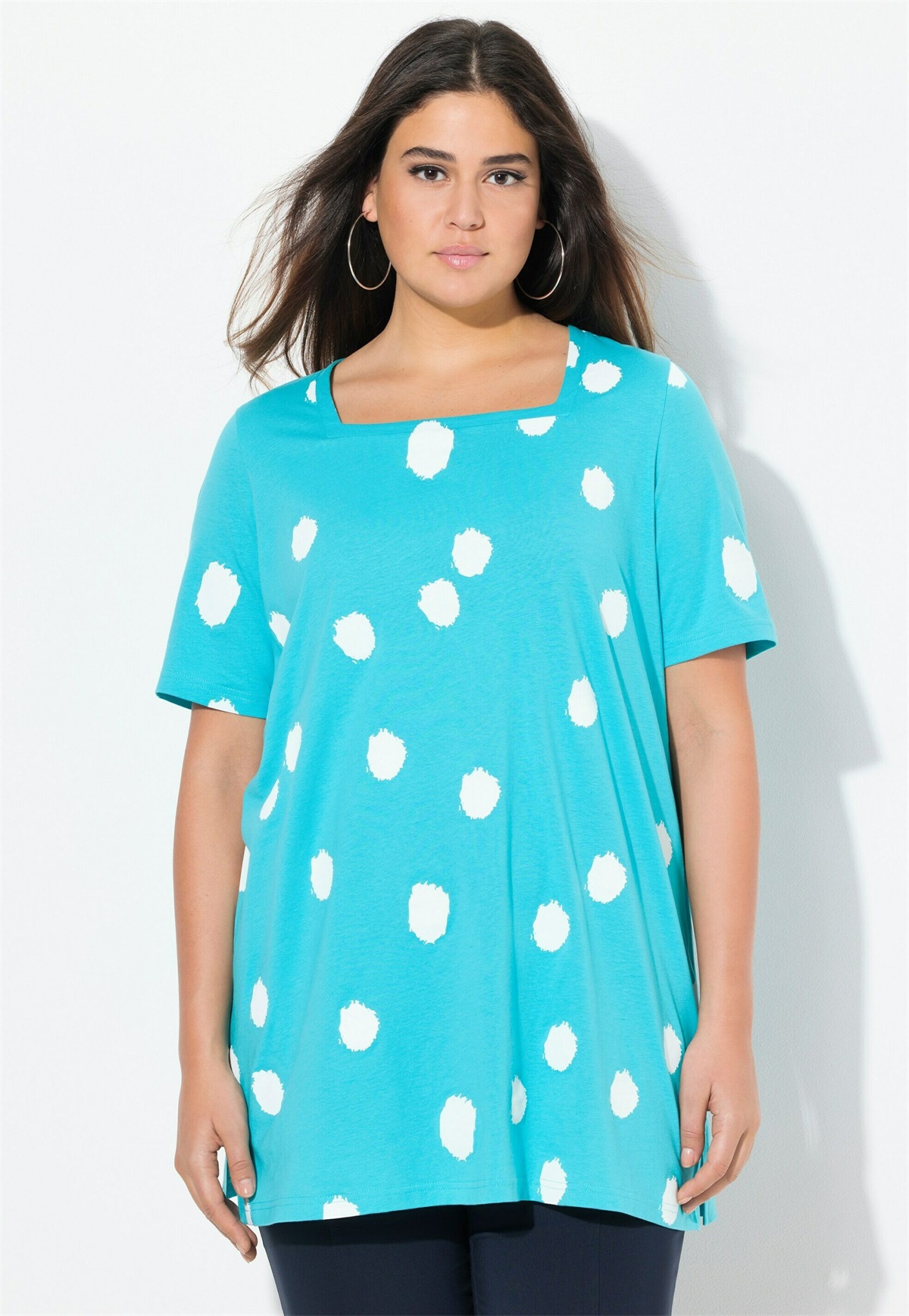 Ulla Popken POLKA DOT SHORT SLEEVE TEE - T-Shirt print - deep aqua/blau