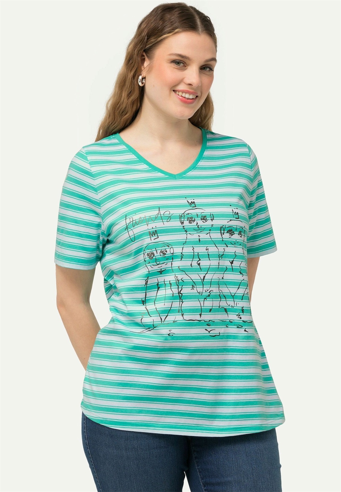 Ulla Popken STRIPED ANIMAL GRAPHIC - T-Shirt print - turquoise green/türkis