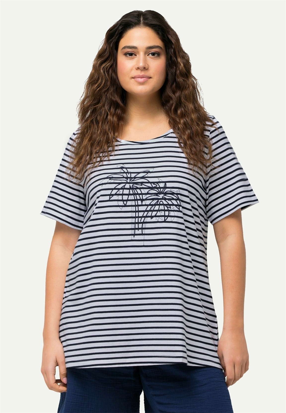 Ulla Popken PALM TREE EMBROIDERED TEE - T-Shirt print - navy blue/dunkelblau
