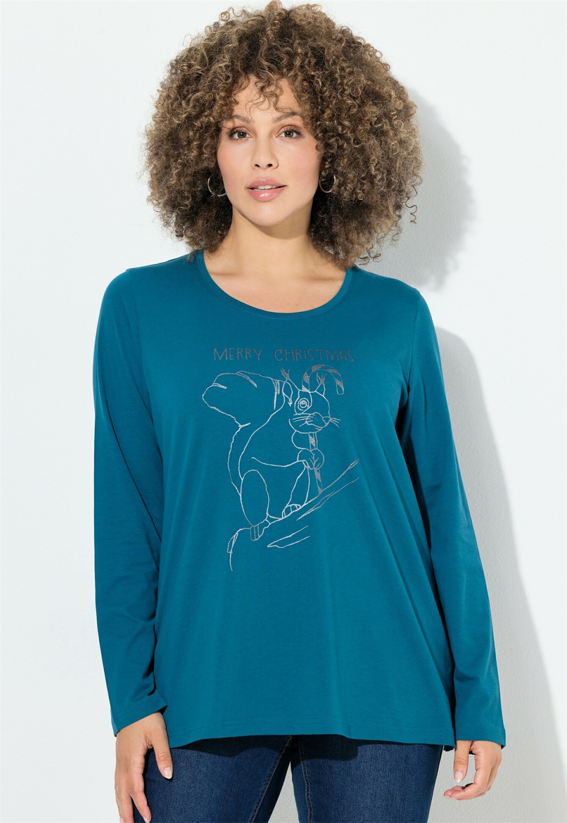 Ulla Popken WEIHNACHTSMOTIV, CLASSIC, RUNDHALS - Langarmshirt - petrol