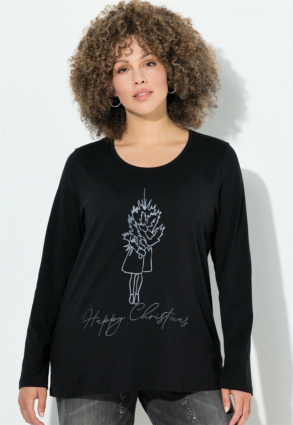 Ulla Popken WEIHNACHTSMOTIV, CLASSIC, RUNDHALS - Langarmshirt - black/schwarz