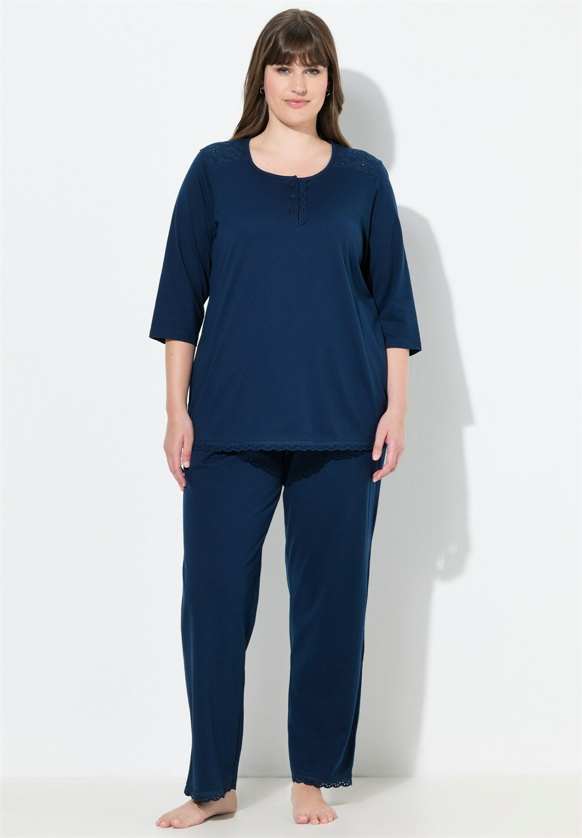 Ulla Popken BRODERIE ANGLAISE DETAIL SET - Nachtwäsche Set - midnight blue/dunkelblau