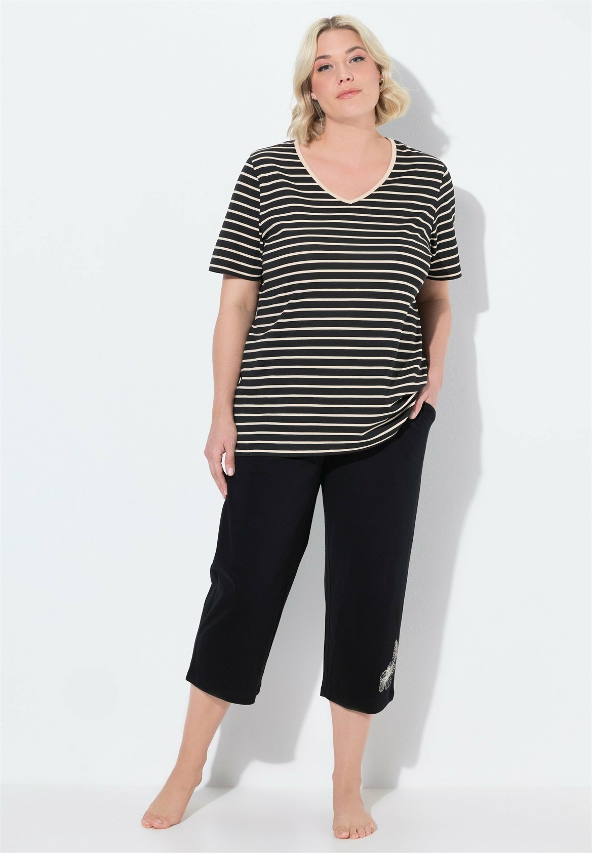 Ulla Popken STRIPED TWO PIECE SET - Nachtwäsche Set - black/schwarz