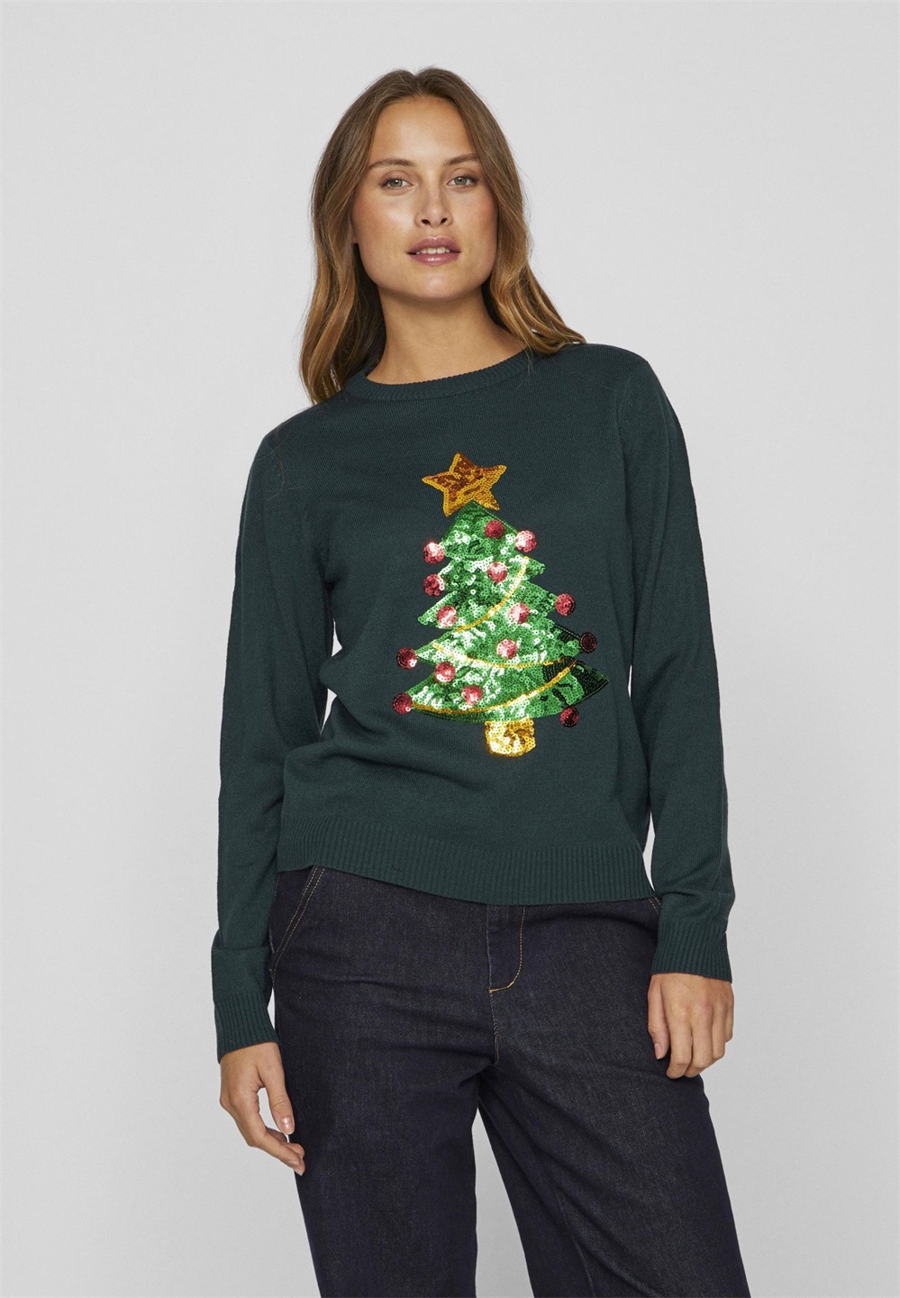 VILA VISEASON LS CHRISTMAS SEQUINS - Strickpullover - pine grove detail:christmas tree/grün