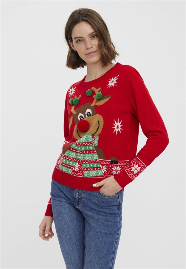 Vero Moda VMNEWFROSTYDEER O NECK XMAS - Strickpullover - chinese red/rot Vero Moda VMNEWFROSTYDEER O NECK XMAS - Strickpullover - chinese red/rot