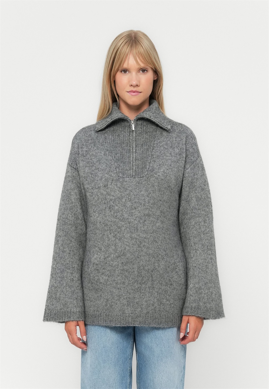 Vero Moda VMMIRLA HIGH NECK ZIPPER LONG - Strickpullover - medium grey/grau-meliert