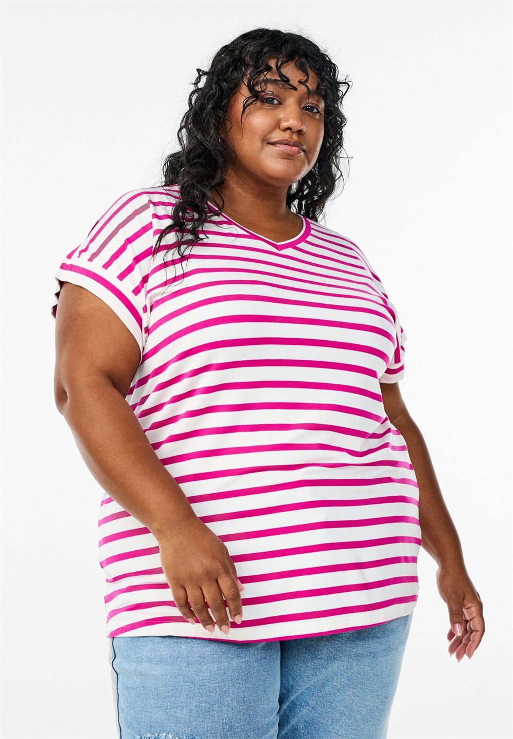 Zizzi GESTREIFTES MIT V-AUSSCHNITT - T-Shirt print - bright white r. rose/hellrot